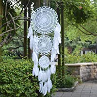 EasyBravo Atrapasueños de Bohemio Extra Grande con 3 círculos- Plumas Blancas macramé Colgante de Pared para Boda…
